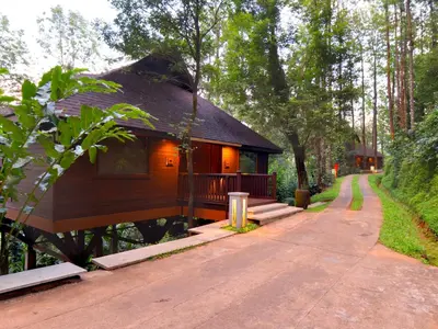 a cabin in the woods with a walkway leading to it at The Tamara Coorg in Kakkabe