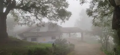 a house on a foggy road in front of a house at The Birdhouse Backpackers Hostel in Coonoor