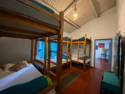 a bedroom with three bunk beds in a room at The Birdhouse Backpackers Hostel in Coonoor
