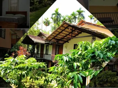 two pictures of a house with trees in front of it at Family villa .hut in Tariyod