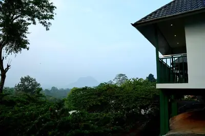 a building with a balcony with a view of trees at Wayanad Cave N Pillar Resort in Sultan Bathery
