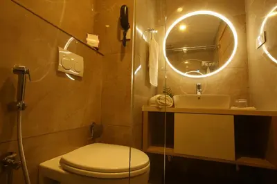 a bathroom with a toilet and a sink and a mirror at Mintotel Wayanad in Sultan Bathery