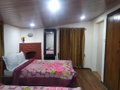 a bedroom with a bed and a fireplace and a mirror at Heritage Holiday Home in Ooty