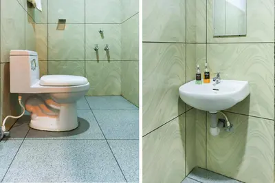 two pictures of a bathroom with a toilet and a sink at Collection O Marhaba Govindapuram in Calicut