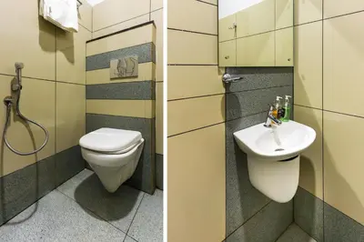 two pictures of a bathroom with a toilet and a sink at Collection O Marhaba Govindapuram in Calicut