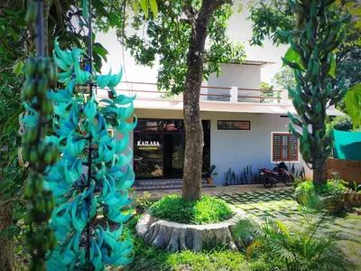 a building with a tree in front of it at kailasa stays in Chekadi