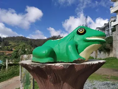 a green dinosaur statue sitting on top of a tree stump at A Ooty Honey Huts in Ooty