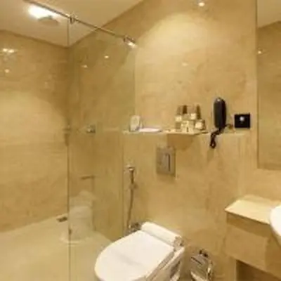 a bathroom with a shower and a toilet and a sink at Park Residency Kodungallur in Trichūr