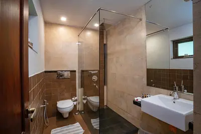a bathroom with a sink and a toilet and a mirror at Vythiri Mist Resort in Vythiri