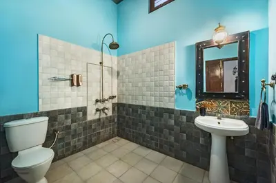 a bathroom with a toilet and a sink and a mirror at SaffronStays Calamondinn Bungalow - 5BR Colonial Heritage Home within Coffee Plantation in Coorg in Gonikoppal