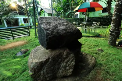 a rock sitting on top of a yard at NARMADA HOMESTAY Ganga in Perintalmanna