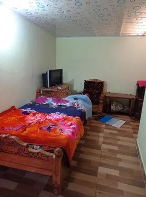 a bedroom with a bed and a tv in it at Dreams River view home stay coorg 2 in Kushālnagar