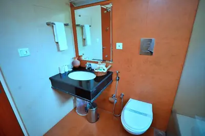 a bathroom with a sink and a toilet and a mirror at Clay House in Trichūr