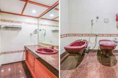 a bathroom with a pink sink and a toilet at Fort Gate Hotels & Resorts in Trichūr