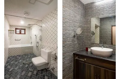 two pictures of a bathroom with a toilet and a sink at StayVista at Springhills Villa & Ayurvedic Spa in Cochin