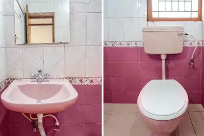 two pictures of a bathroom with a toilet and a sink at Hotel Orchid Inn in Ooty