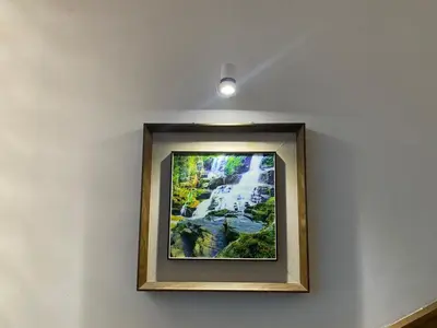 a picture hanging on a wall with a light at THE PORCH INN in Wayanad