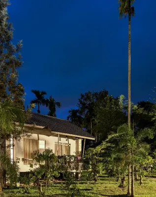a house with a balcony and palm trees at Coffee Greens Resort in Wayanad