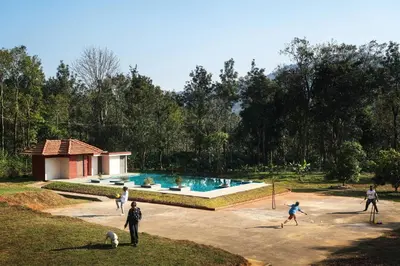 a group of people playing baseball by a pool at Zostel Homes Wayanad, Thirunelly in Wayanad