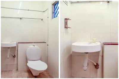 two pictures of a bathroom with a toilet and a sink at Hotel O Kota Lodge in Coimbatore