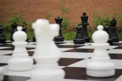 a chess board with black and white chess pieces at Regenta Jungle Resort Kabini Springs in Begūr