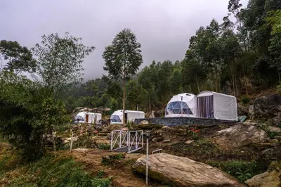 a group of tents in a field with trees at Anandavana Jungle Living By LexStays - Kanthalloor-Marayur in Kanthalloor
