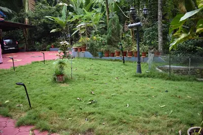 a garden with plants and a lamp post in the grass at Ben's Villa Kannur ! in Kannur