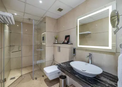 a bathroom with a sink and a shower and a toilet at Oshin Wayanad in Wayanad