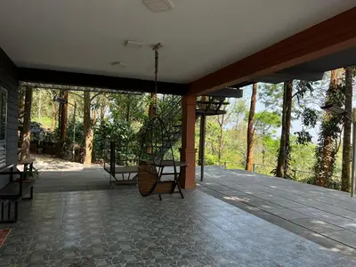 a screened in porch with a swing and trees at Wild root stay- Aster Chalet in Wayanad
