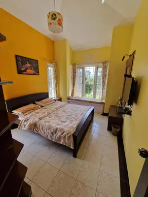 a bedroom with a bed with yellow walls and a tv at Narmada Holiday Home in Ooty