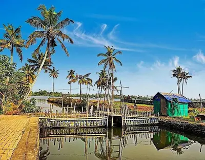 a body of water with palm trees and a house at Bachan's Casa The Private Pool Villa Cherai in Cherai Beach