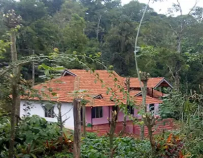 a house with an orange roof in a forest at Green Coorg by StayApart, Madikeri in Madikeri