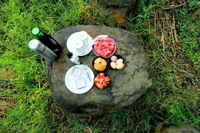 a bunch of food on a rock on the grass at SaffronStays Coorg Toddy Farms, Coorg in Madikeri