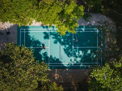 an overhead view of a tennis court at Flora Vythiri Resort Wayanad in Vythiri