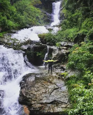 a person with a surfboard standing in front of a waterfall at Greenhouse Homestay in Siddapur