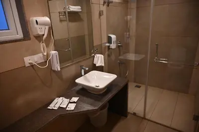 a bathroom with a sink and a shower at Soho Boutique Hotel in Mysore