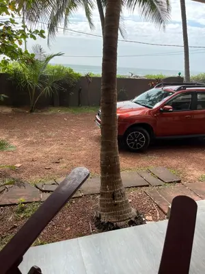 a car parked in front of a palm tree at Kizhunna rock beach house in Kannur