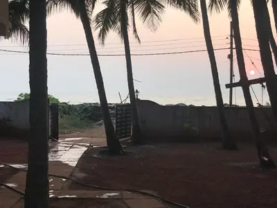a view of the ocean from a yard with palm trees at Kizhunna rock beach house in Kannur
