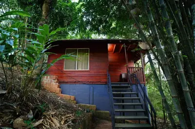 a small red house with a blue door and stairs at Misty Morning Resorts Wayanad in Ambalavayal
