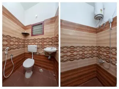 two pictures of a bathroom with a toilet and a sink at Varun residency in Coimbatore
