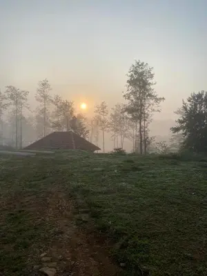 a foggy field with a house in the middle of a field at FernHills Homestay in Madikeri