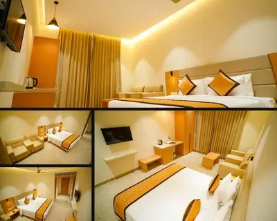 a collage of three pictures of a hotel room at Hotel Nakshathra- A Royal Stay in Palani