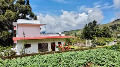a house in the middle of a field of crops at Mountain Abode in Kodaikānāl