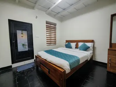 a bedroom with a large bed with blue pillows at Multiple Stories, Wayanad in Wayanad