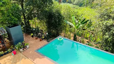an overhead view of a swimming pool in a garden at Golden Cypress Resort with Pool -Wayanad in Padinjarathara